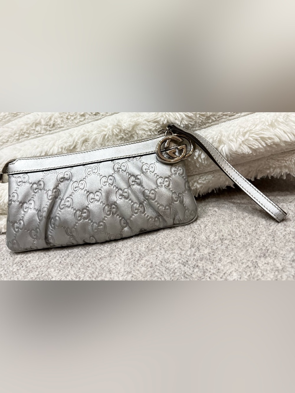 Gucci Metallic Silver GG Logo Wristlet with Charm